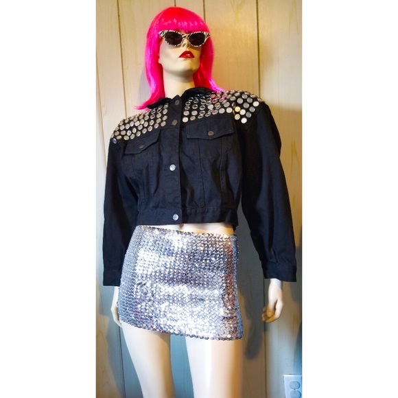 Vintage 80s PUNK Atomic Space Age MOD Black Denim Jacket Studded w/Mirrors wOw! - Picture 9 of 14